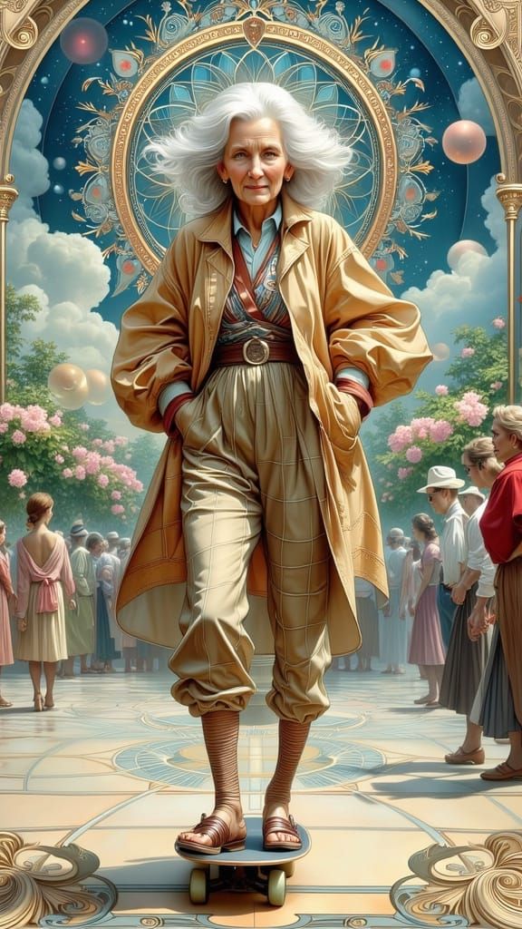 Art Deco Woman Skateboarding in Futuristic Cityscape