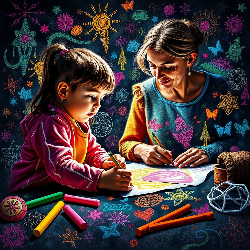 Mother and Child Create a Vibrant Sidewalk Wonderland