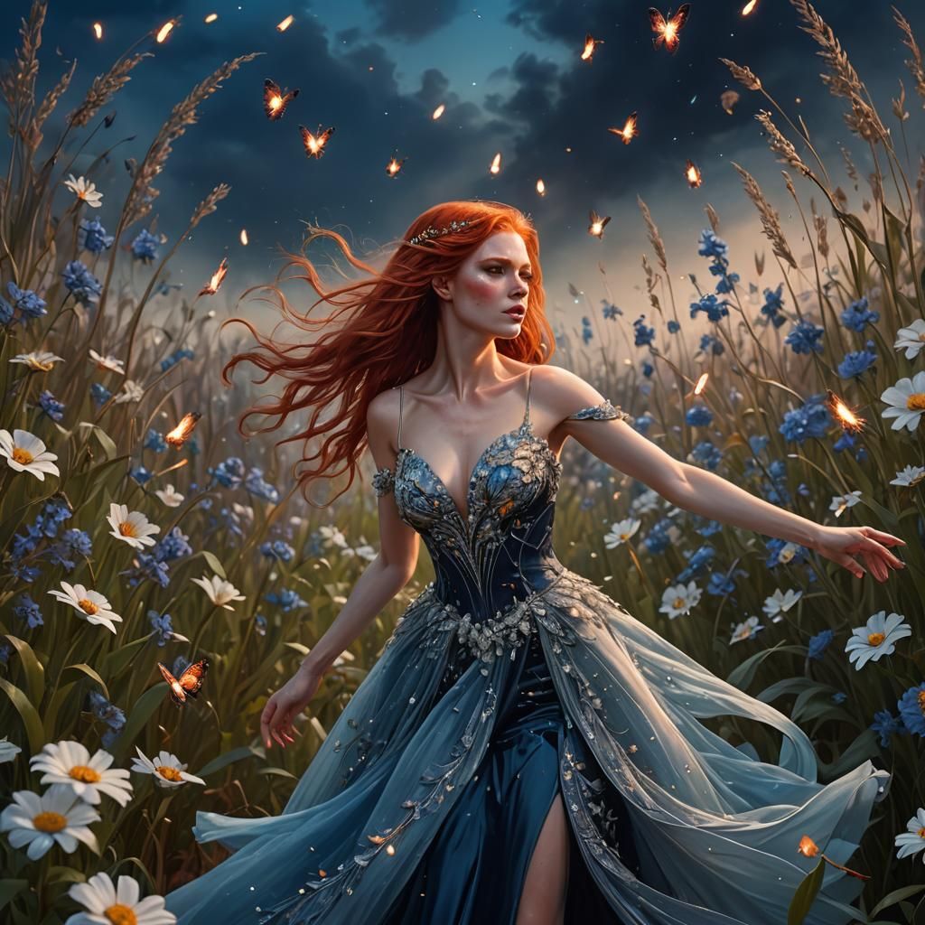 Full angle photo of a red headed girl wearing an evening gown, straight hair bloodering in the wind. Sparkling blue-whit...