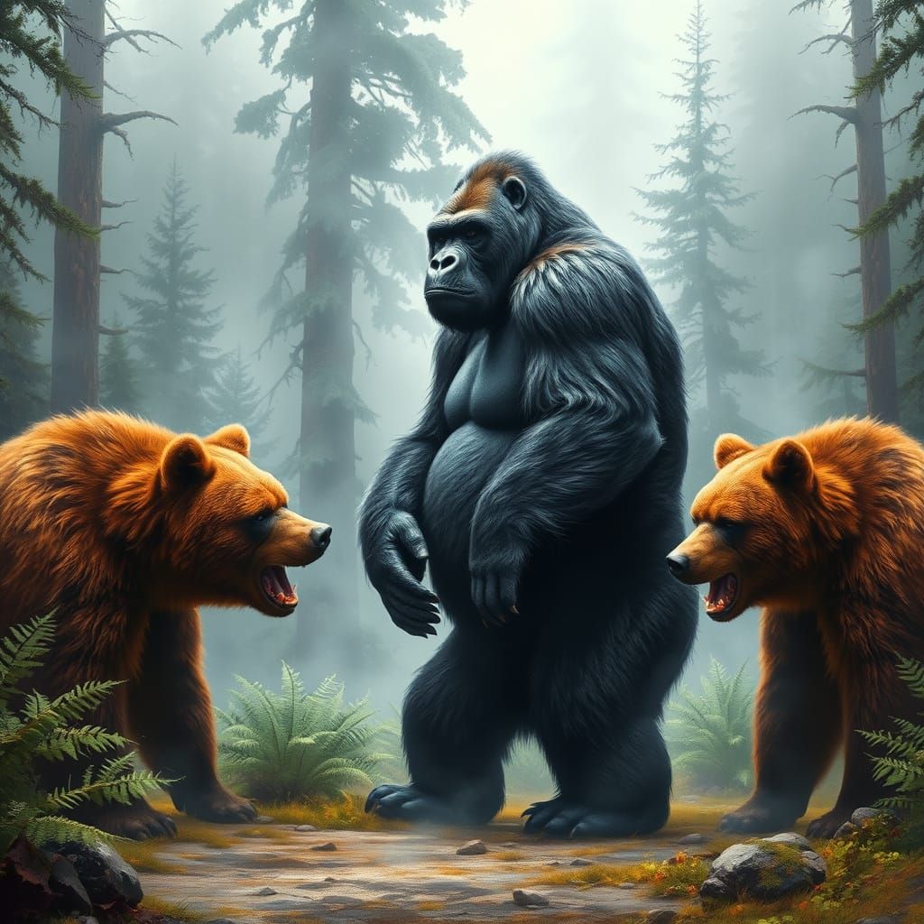 Gorilla vs Bears in a Densely Forested Landscape