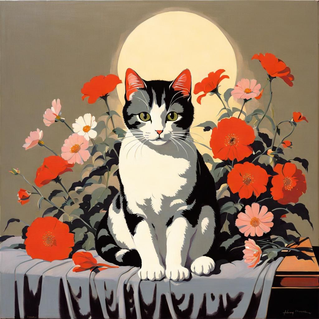 Cat Surrounded by Flowers in Watrous Style