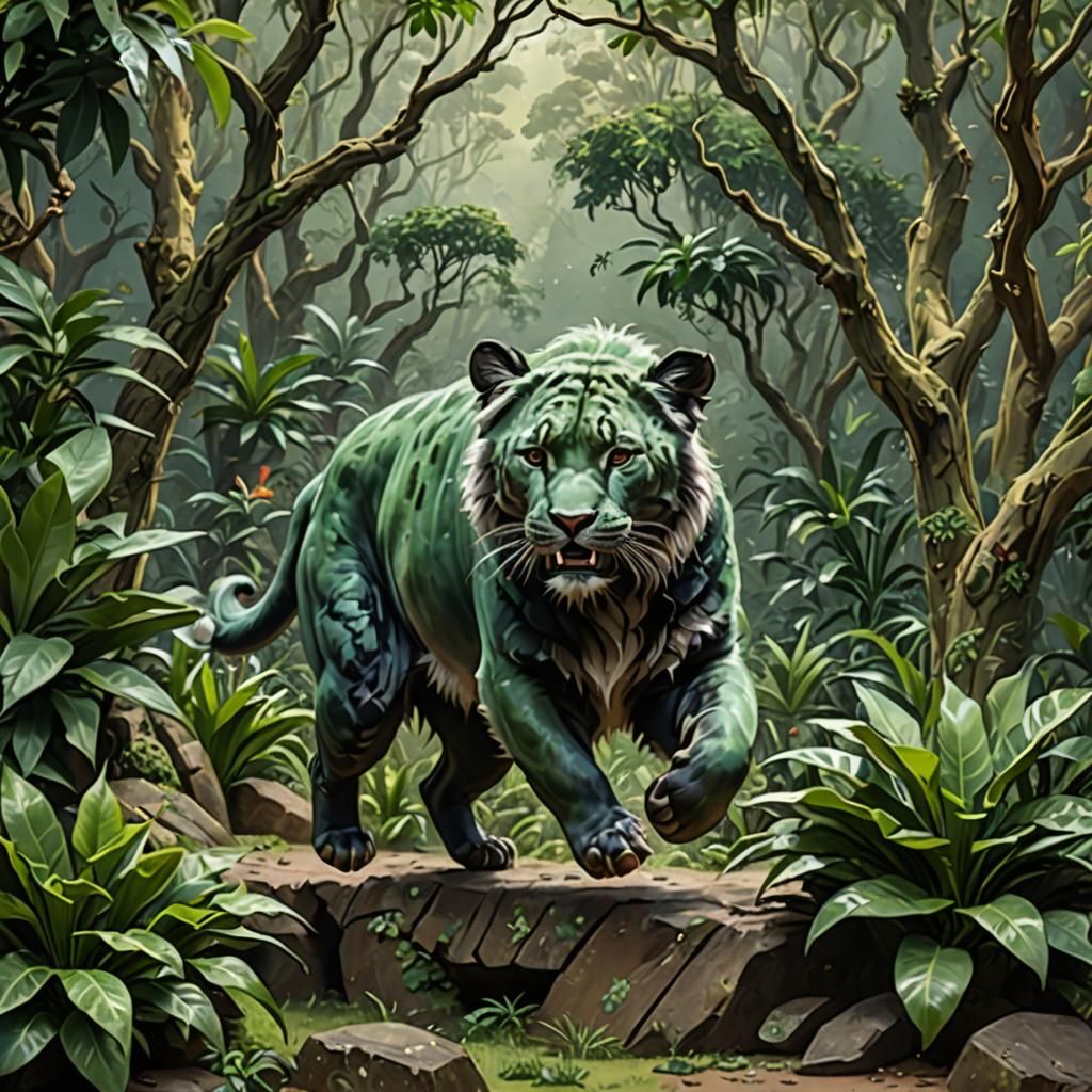 Lush Jungle Scene with Jagged Jade Formations