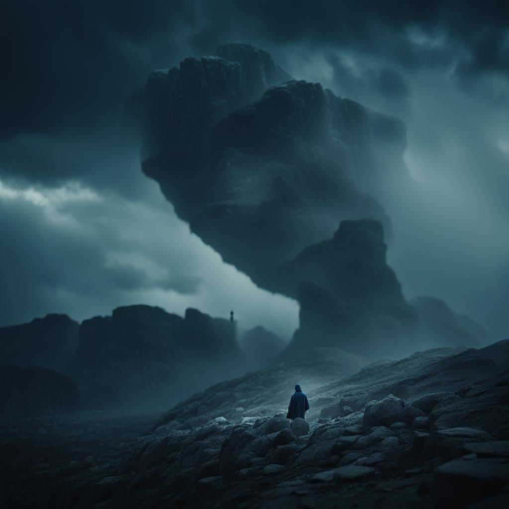 Desolate Figure in Stormy Landscape: Cinematic Still
