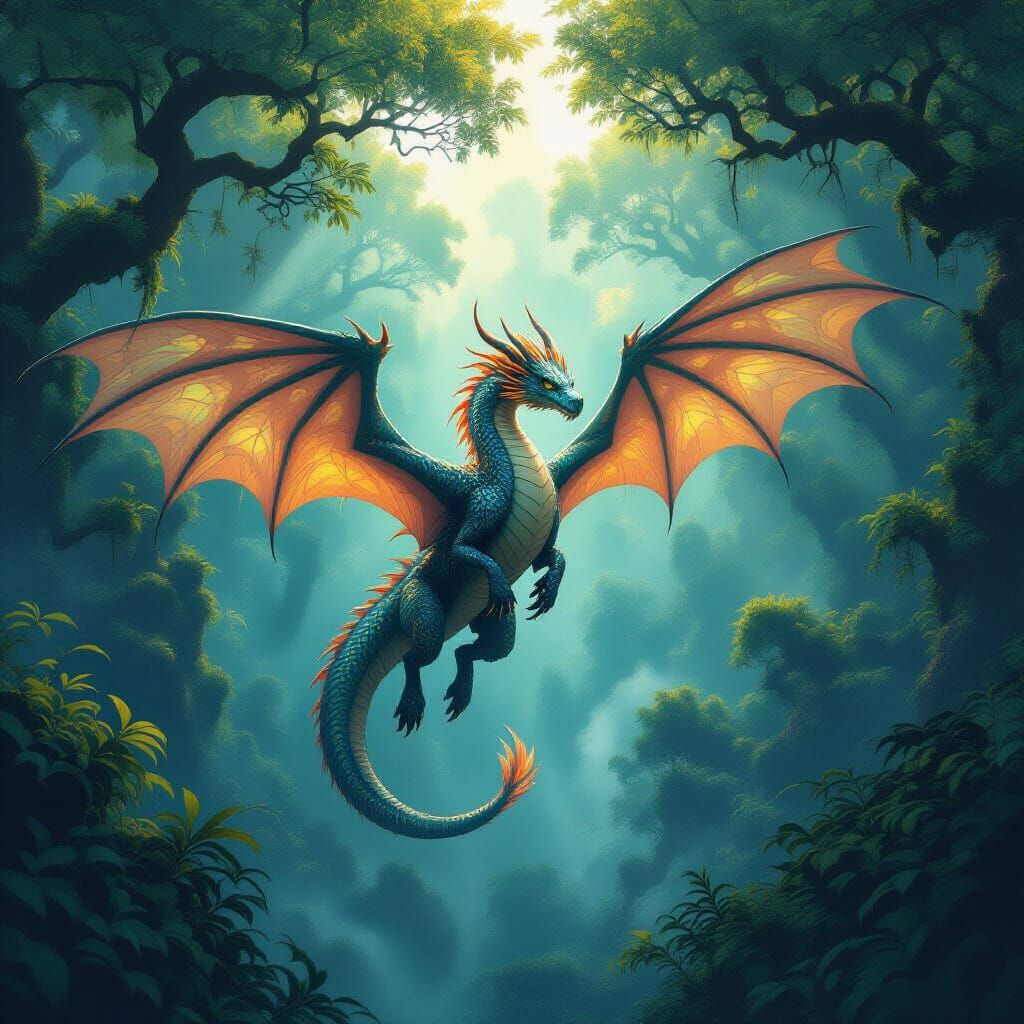 Majestic Bioluminescent Dragon Soaring Through Enchanted For...