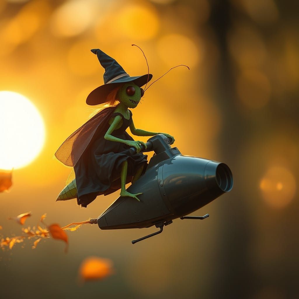 Whimsical Grasshopper Witch Soars through Autumn Skies