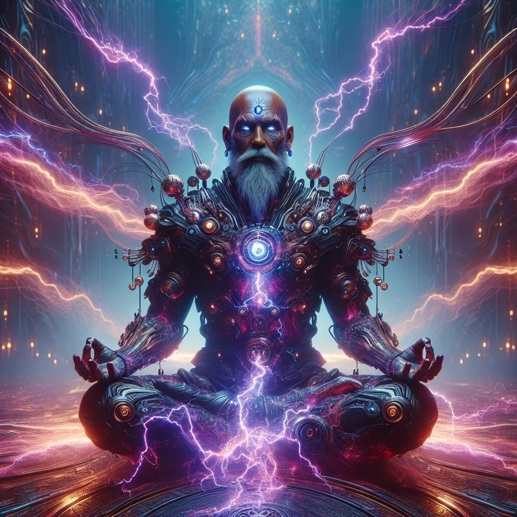 an armored cosmic cyberpunk style middle-aged monk filled wi...