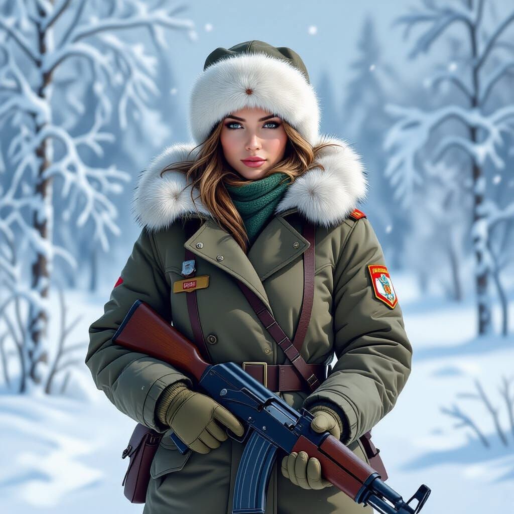 Proud Russian Soldier in Snowy Winter Landscape