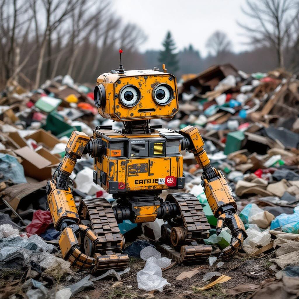 Melancholy Robot in Post-Apocalyptic Junkyard