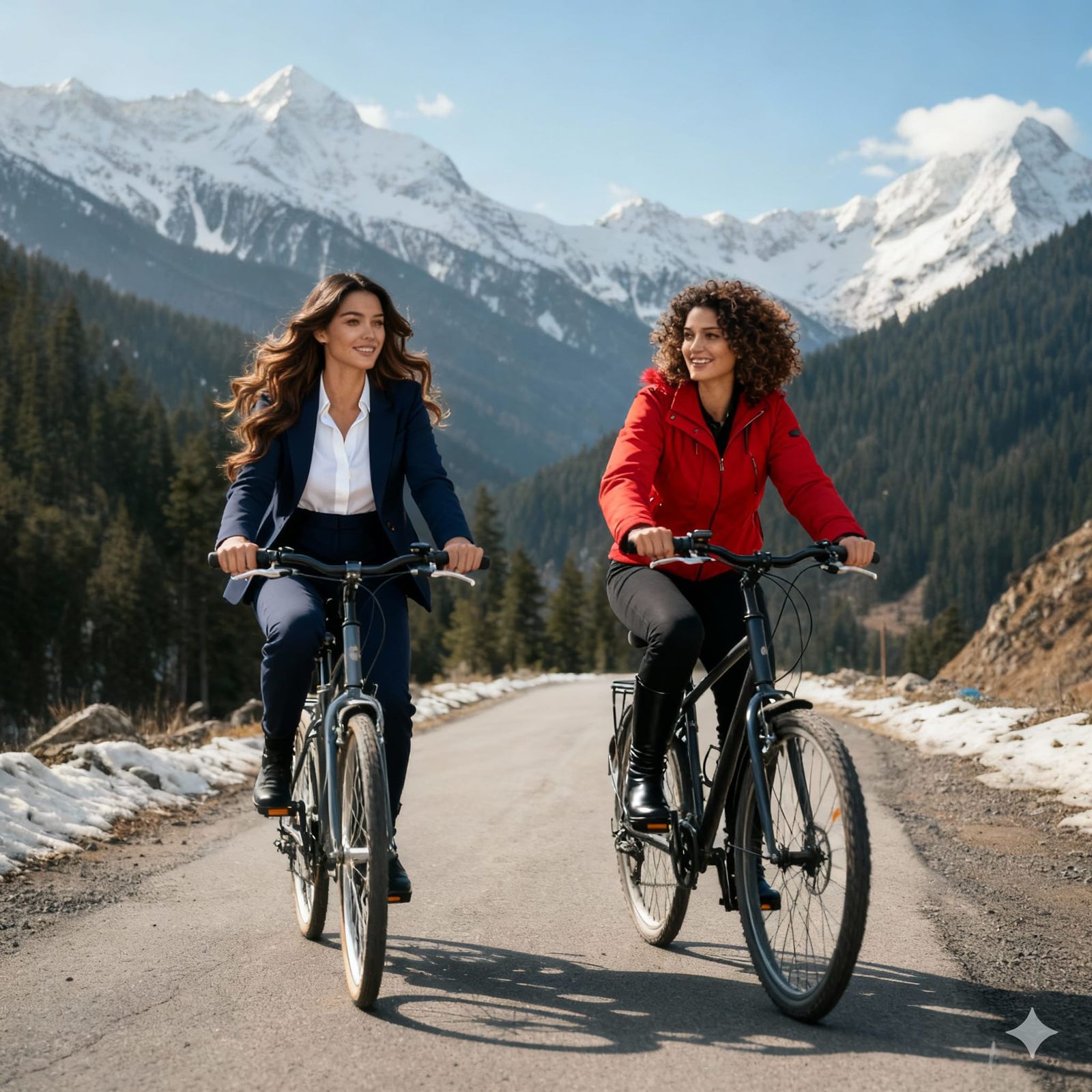 Two Girls Riding Bicycles Together