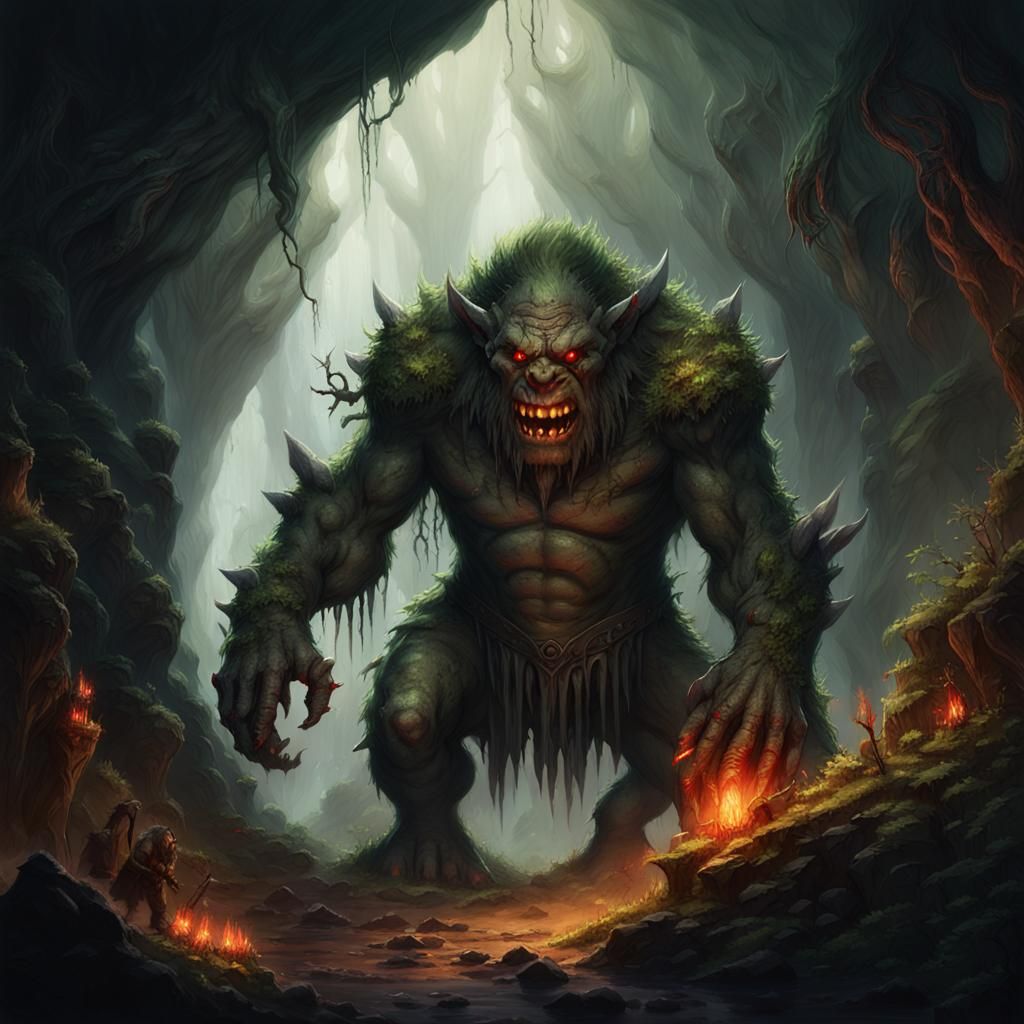 Glowing Troll Guardians Cave Entrance in Dark Fantasy Style