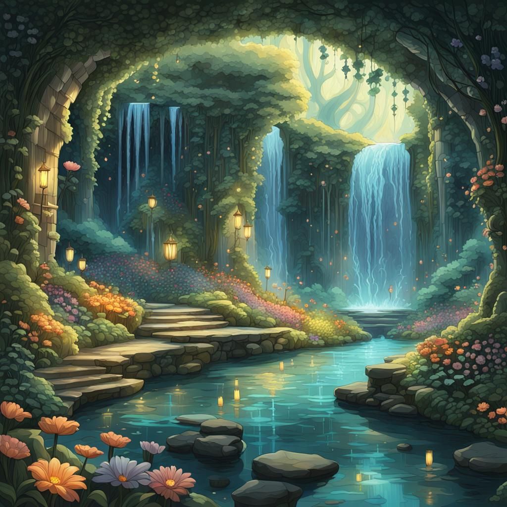 Lush Underground Garden in Art Nouveau Style