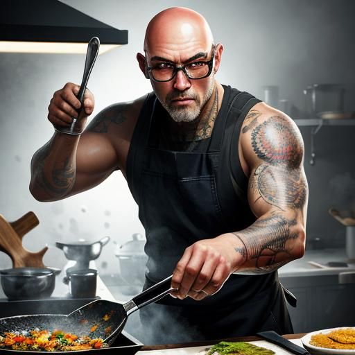 Hyperrealistic Cook Preparing Fish in Kitchen