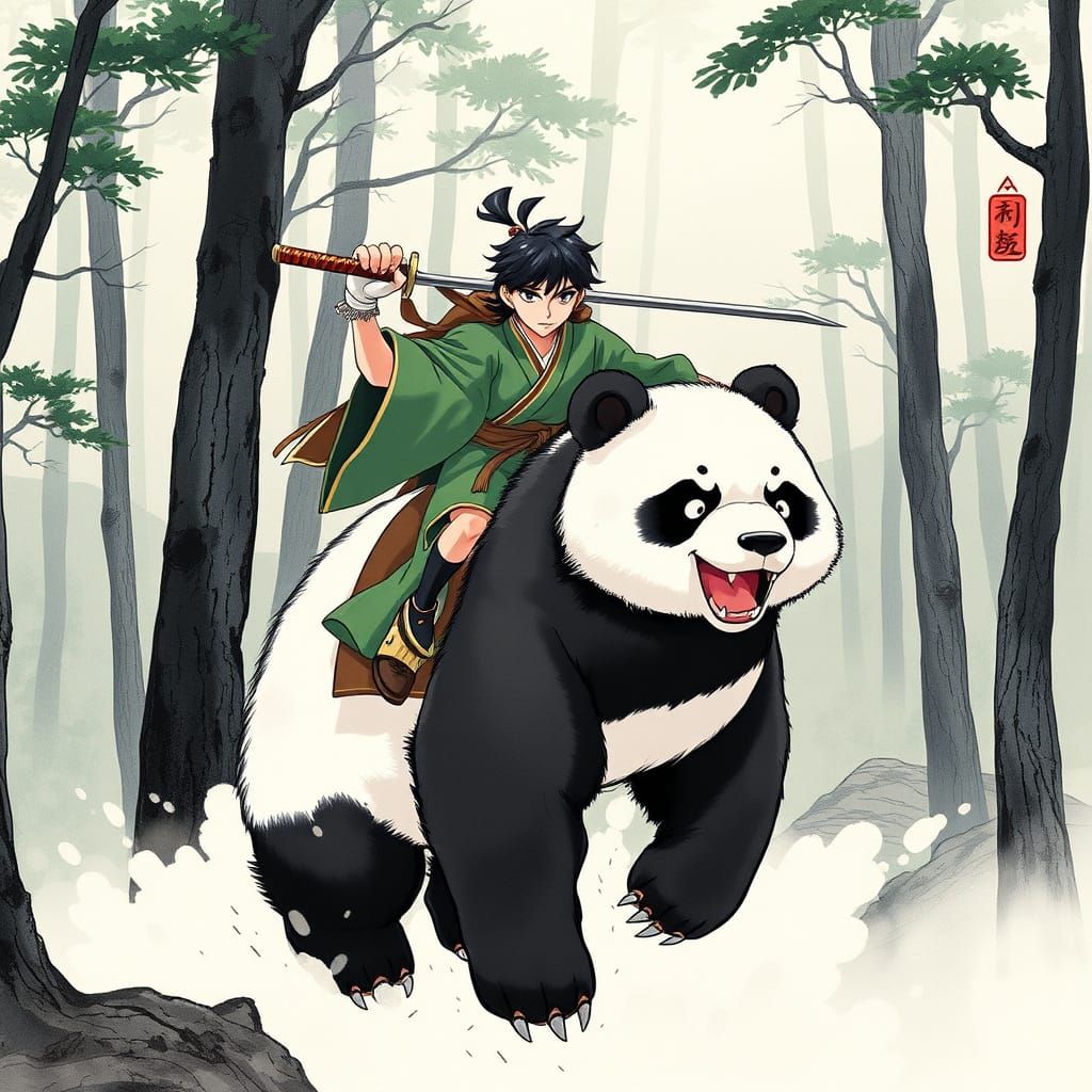 Tanjiro on a Majestic Panda in a Misty Japanese Forest