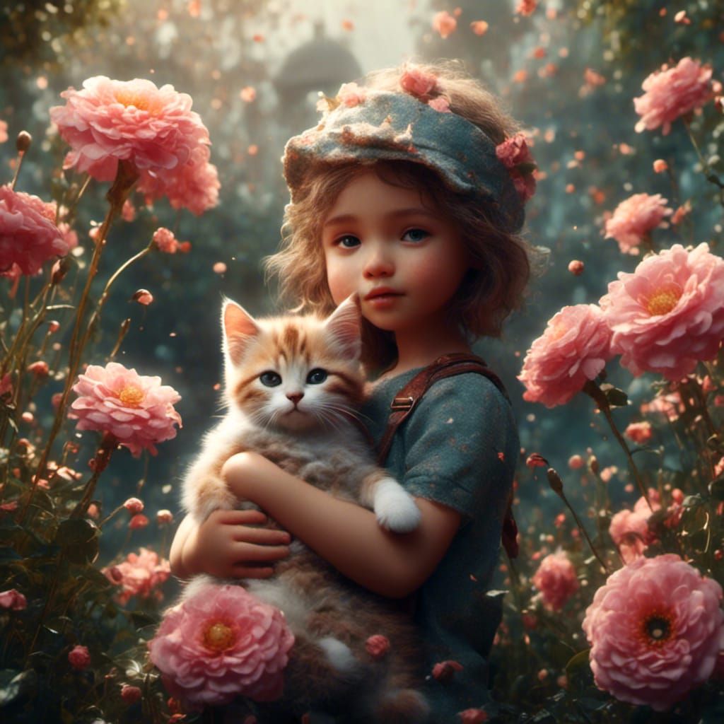 Adorable Baby and Kitten in Flower Garden