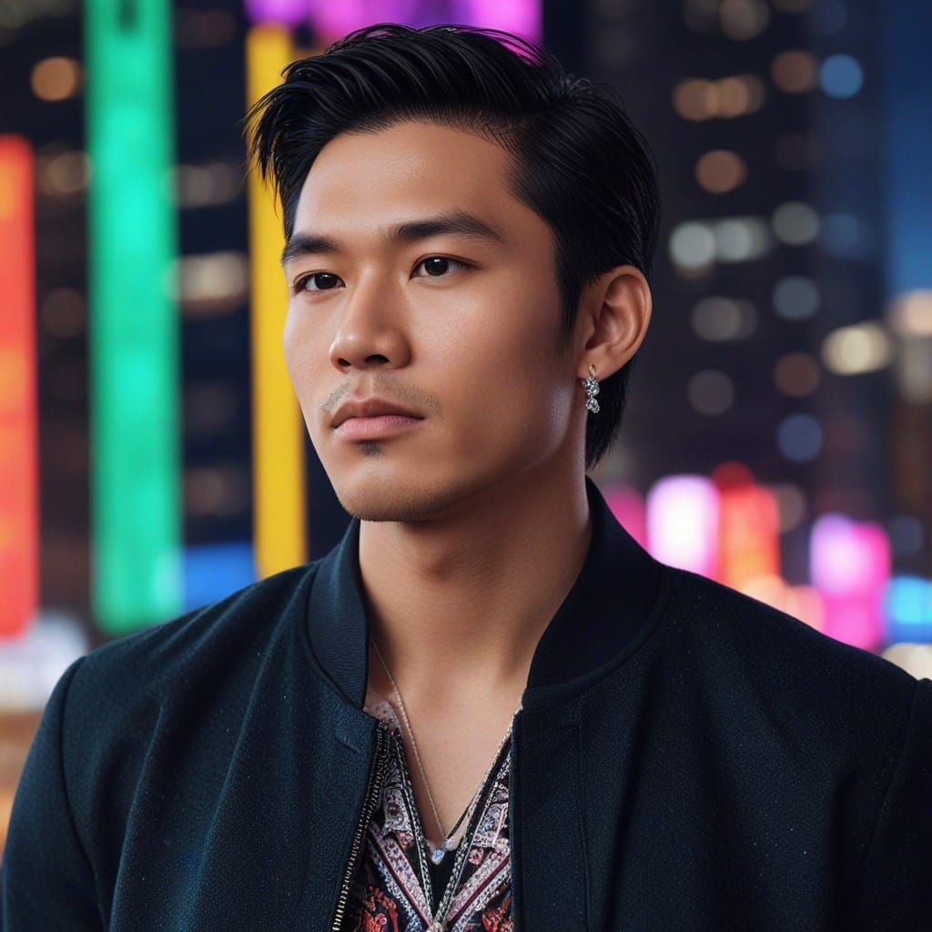 Asian Man in Cityscape with Neon Lights