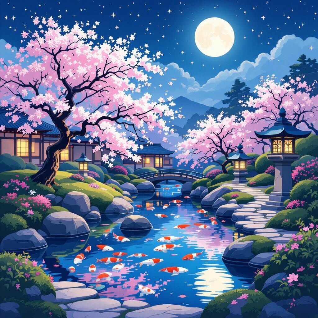 Moonlit Japanese Garden in Ukiyo-e Style