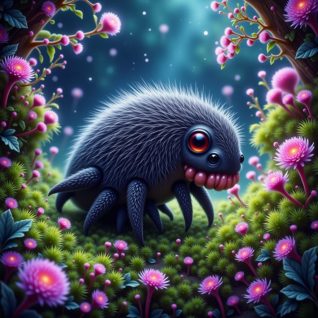 Microscopic Woolybear Tardigrade in Bioluminescent Moss