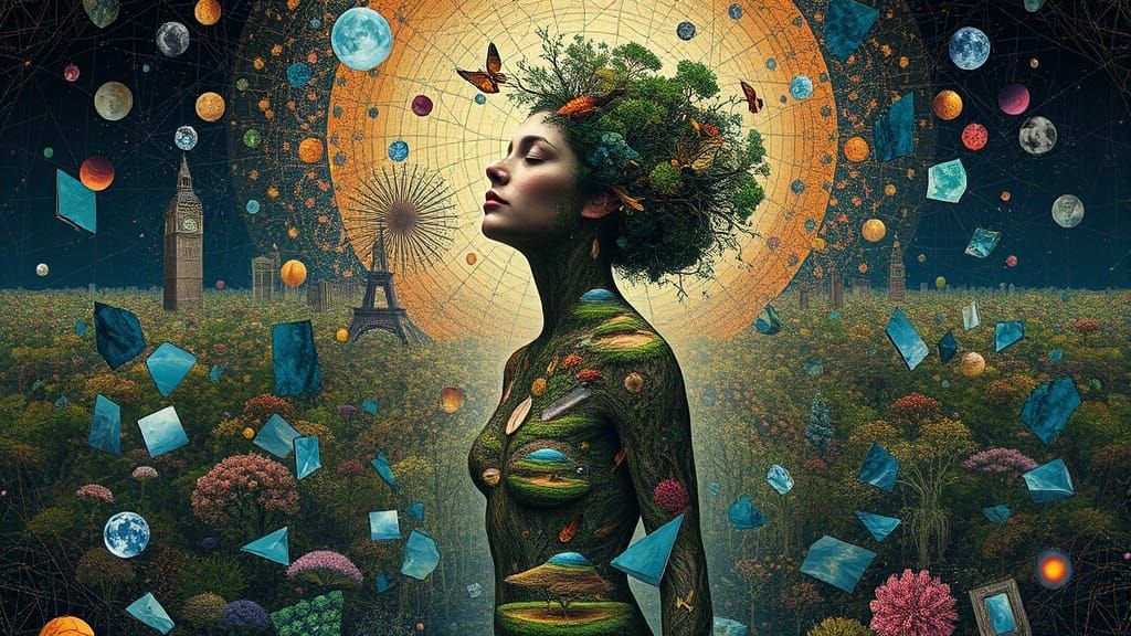 Surreal Bio-Art Collage of Woman as Interconnected Ecosystem...