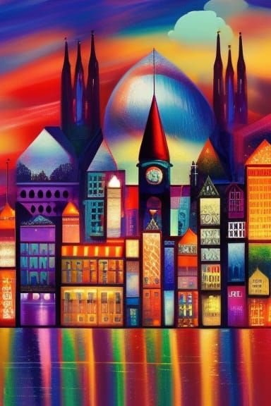 Frankfurt Skyline with Rainbow: Digital Neo-Impressionism