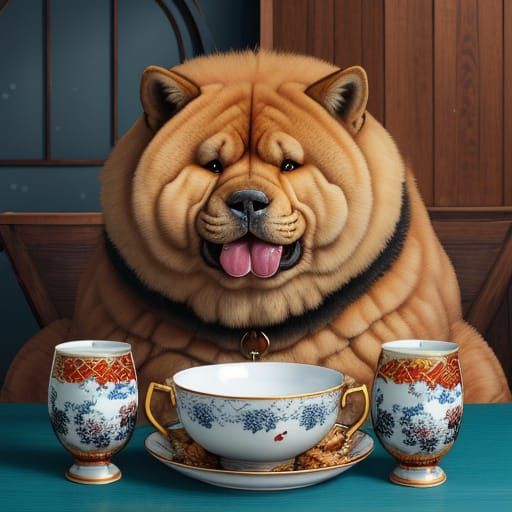 A big puffy chow chow with sep-set almond eyes, a red and cinnamon coat and mane of fur around his neck. He has his blue...