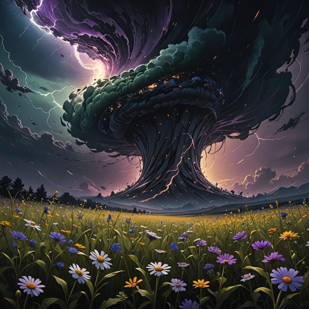Mystical Twister in Wildflower Field at Night