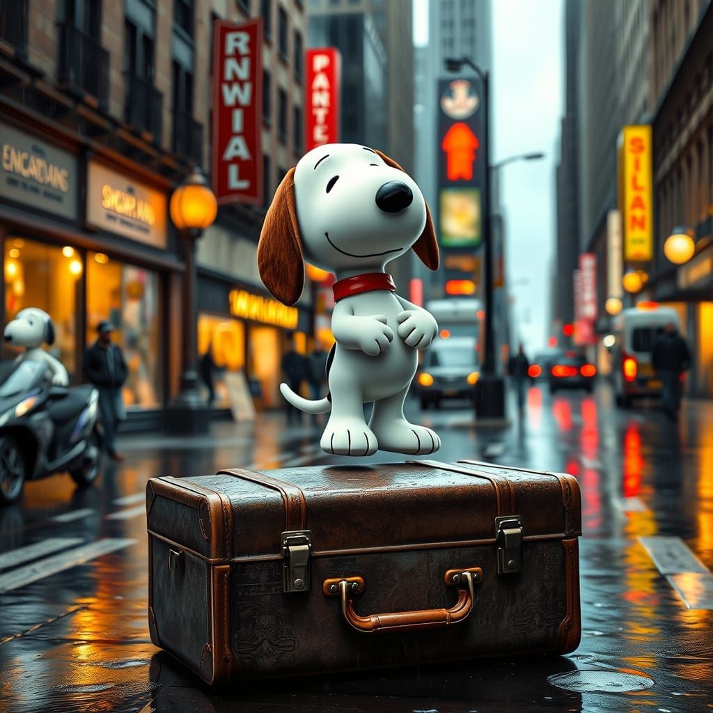 Snoopy Blending into a Rainy City Street Scene in Hyper-Real...