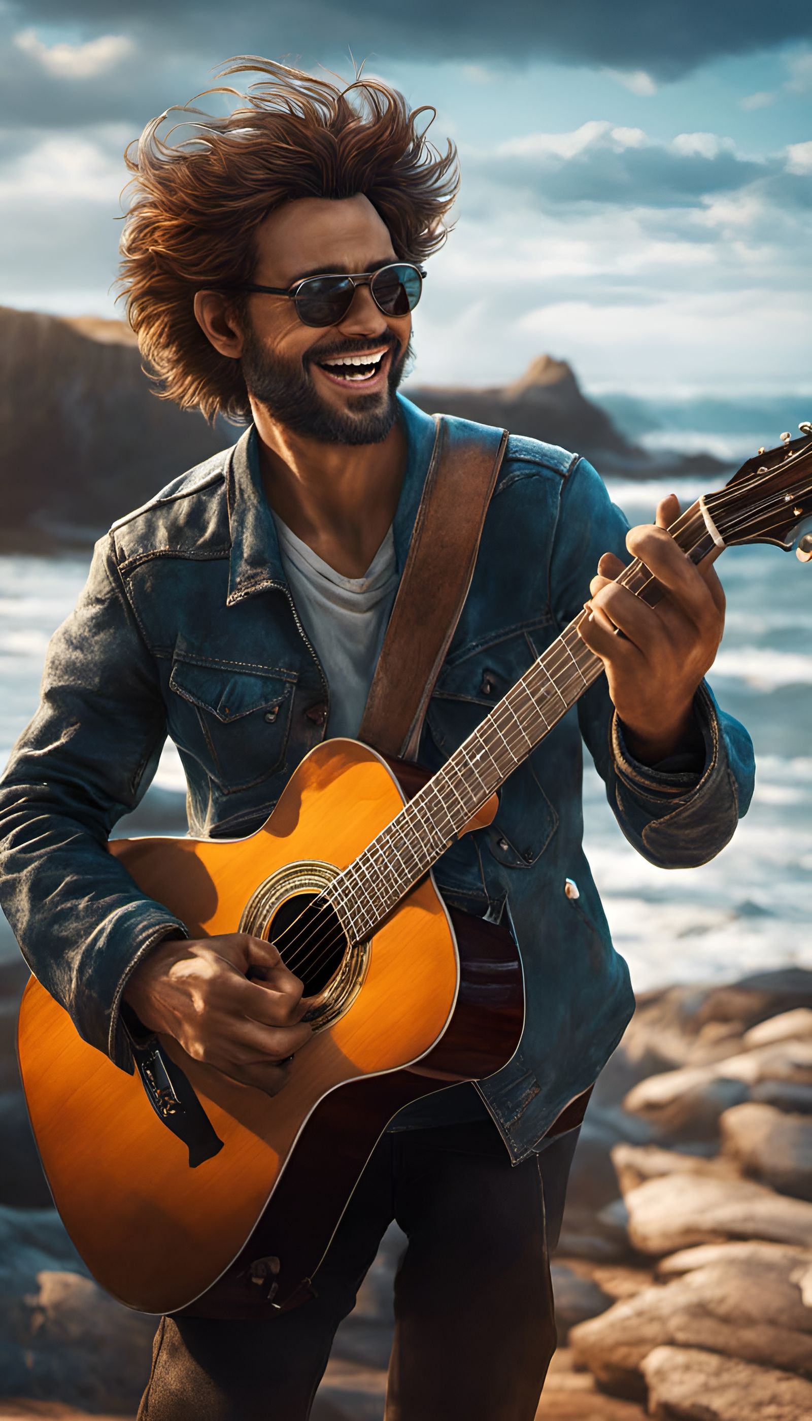 Joyful Guitarist Seaside, Photographic Artstation Style