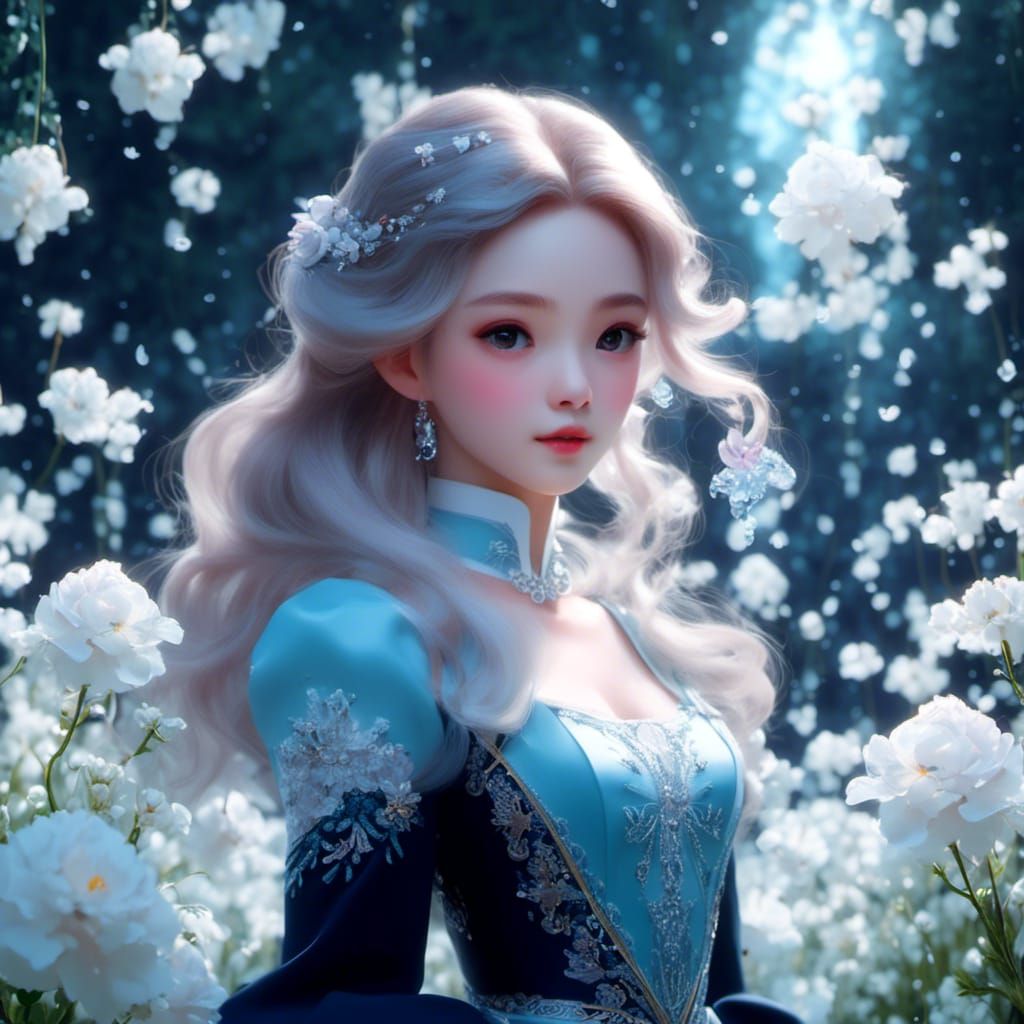 Girl in Ice Flower Field, Anime Style