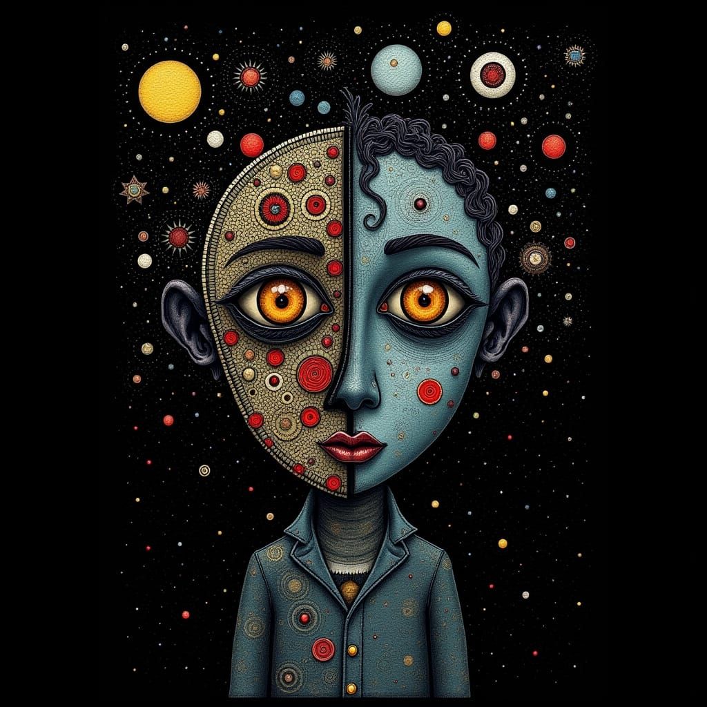 Mechanical Face Blends With Winter Landscape