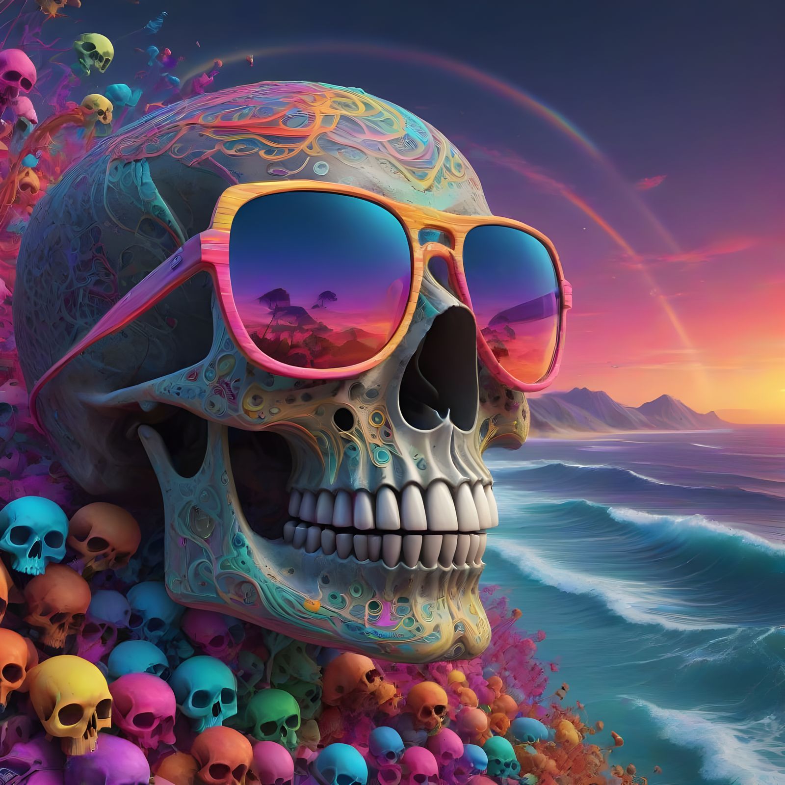 Vibrant Rainbow Shower of Neon Bones in Whimsical Sky