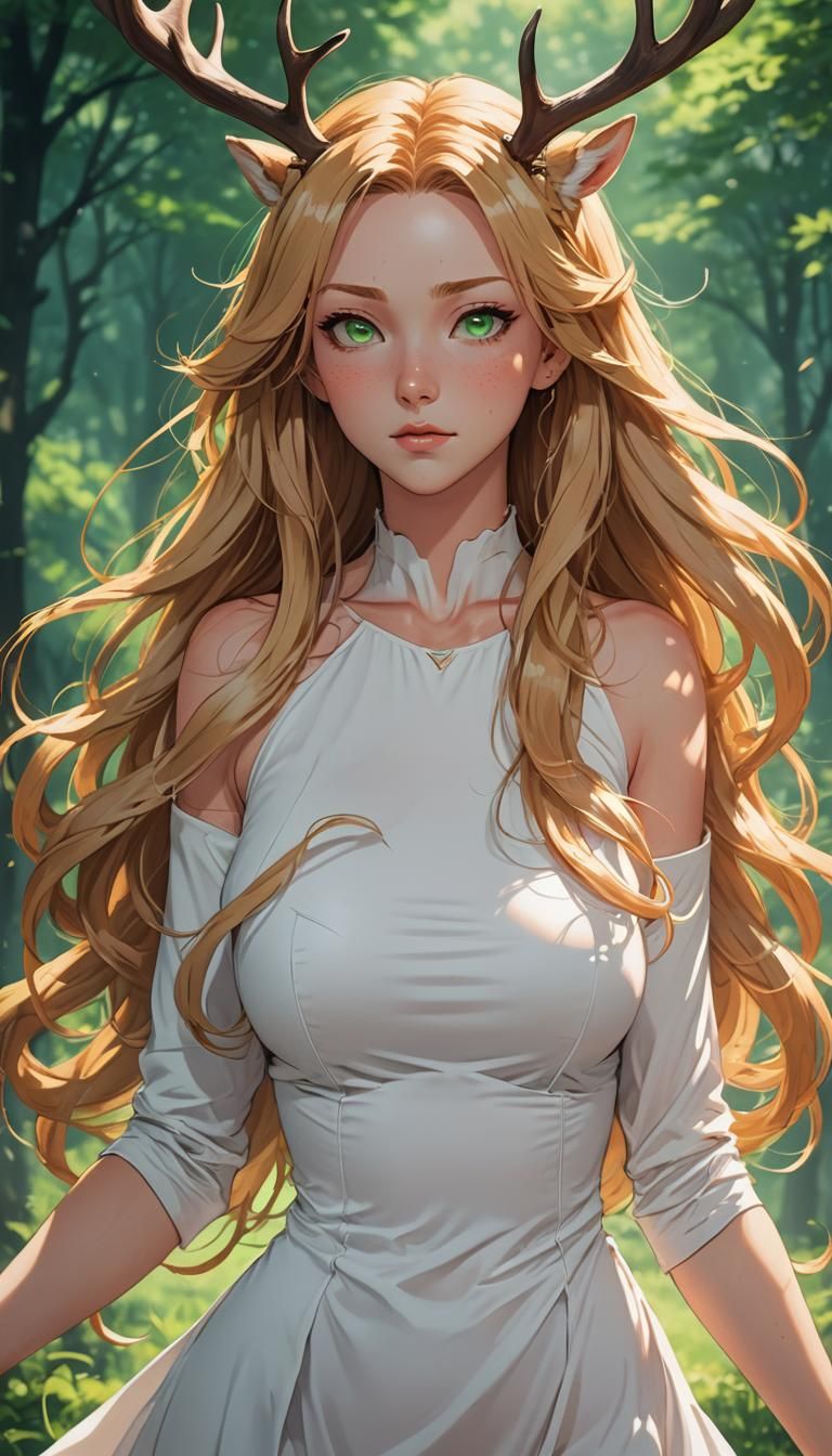 Anime Deer Woman in White Dress, Cel-Shaded Style