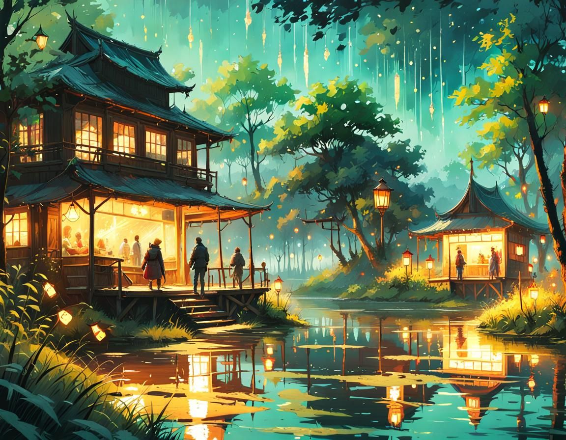 Luminous Fireflies Dance by Lake: Digital Illustration