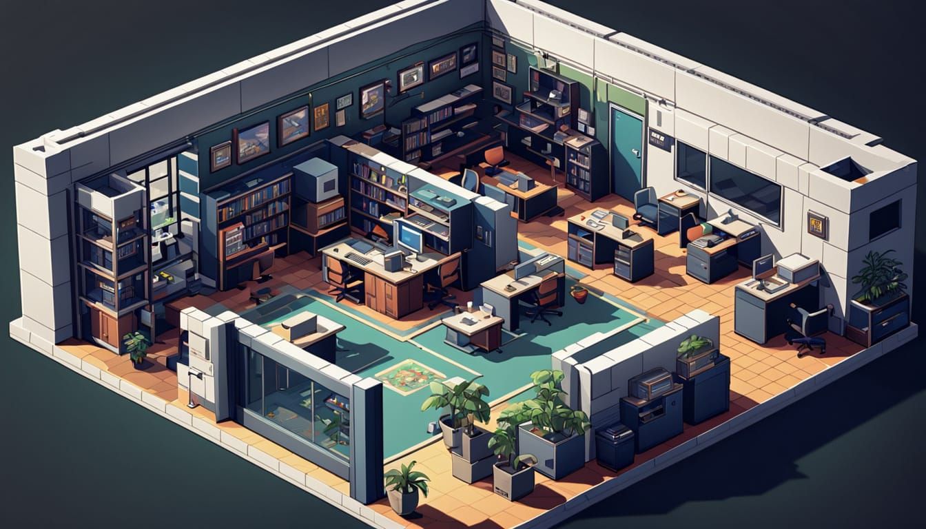 Isometric Office Building Pixel Art in Retro Video Game Styl...