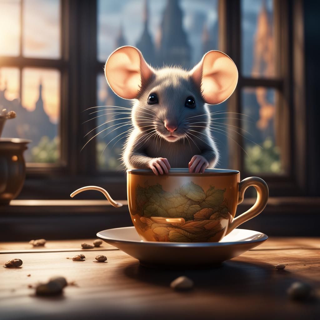 Mouse's Curious Gaze into Teacup: Fantasy Concept Art
