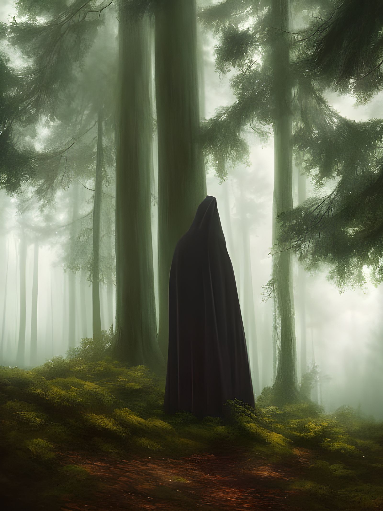 Mysterious Cloaked Figure in Misty Forest