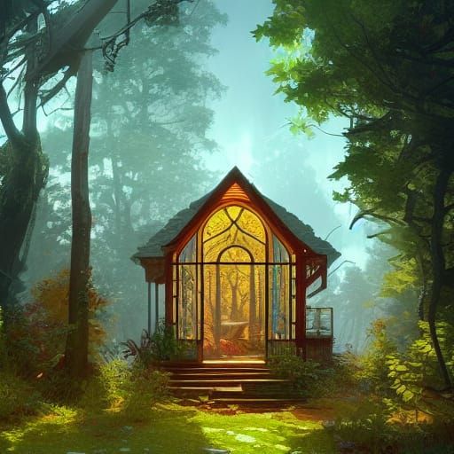 Woodland Home with Stained Glass, Art Nouveau Style