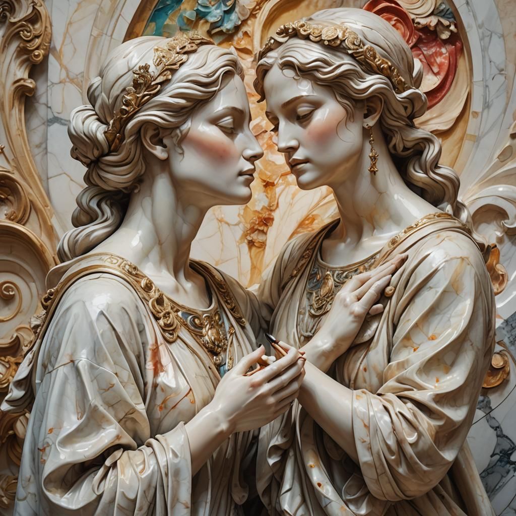 Artist and Statue in Vibrant Oil Painting Style