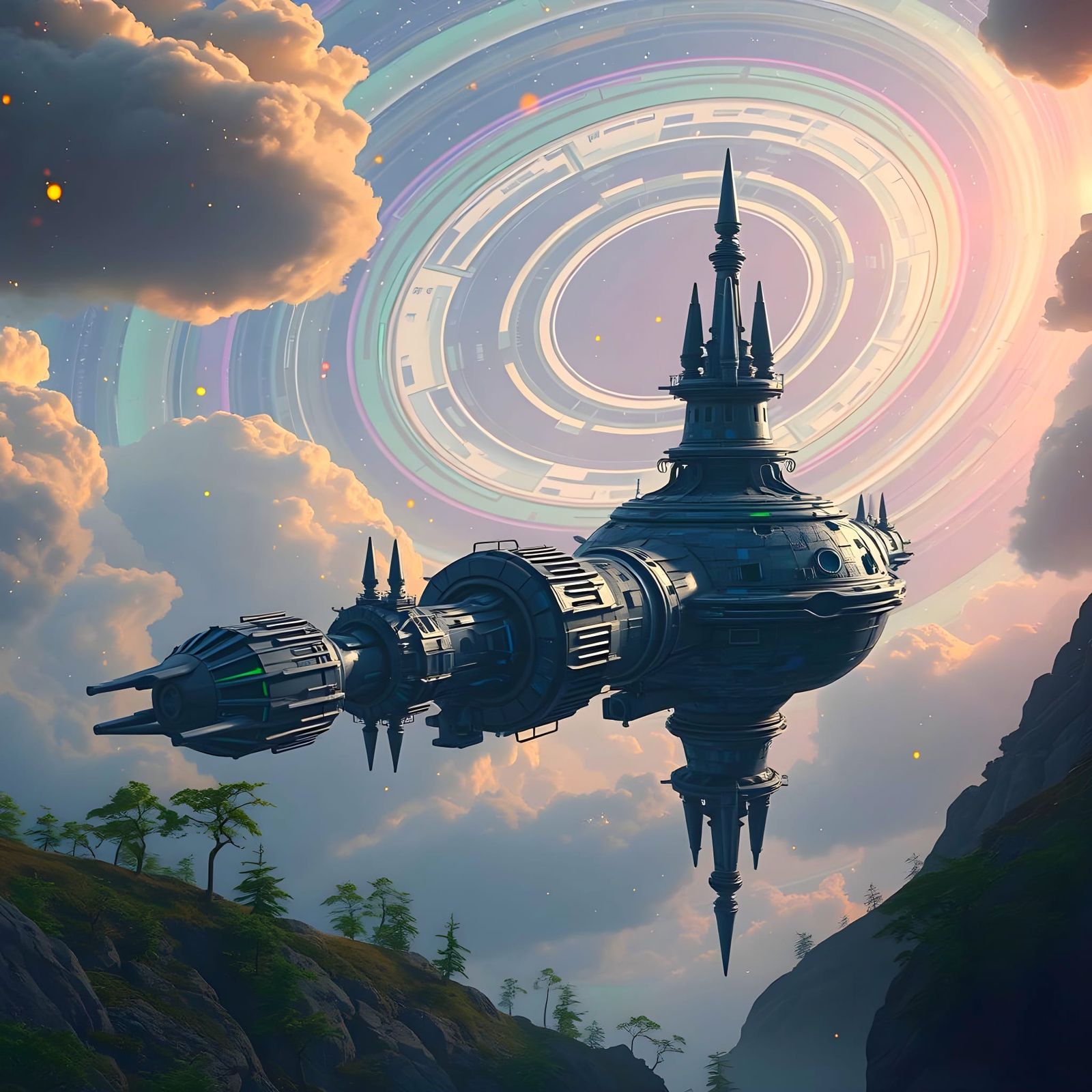 O'Neil Cylinder Station in Surreal Anime Style