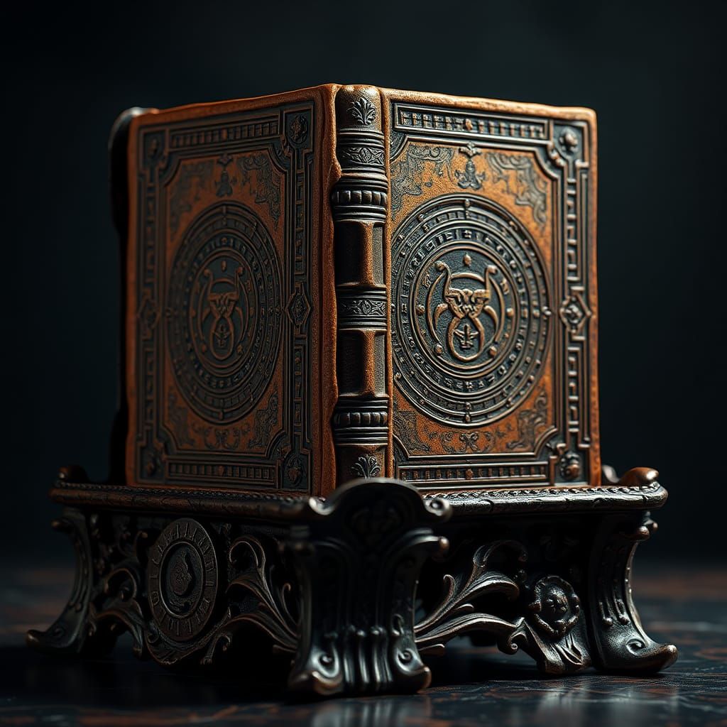 Photorealistic Necronomicon Book Displayed on Stand