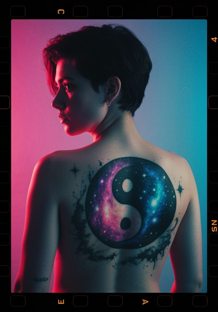 Intricate Yin-Yang Galaxy Back Tattoo in Cinematic Style
