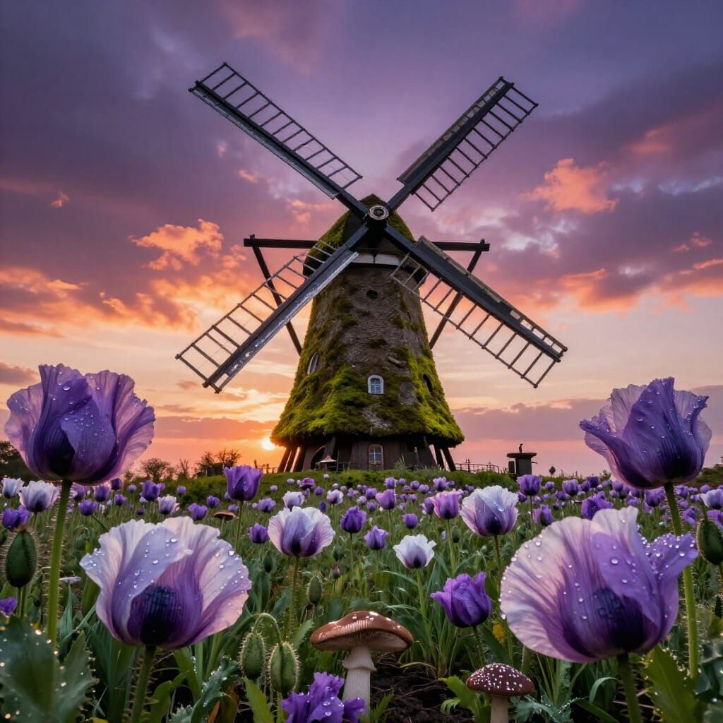 Mossy Windmill in Poppy Field at Sunset