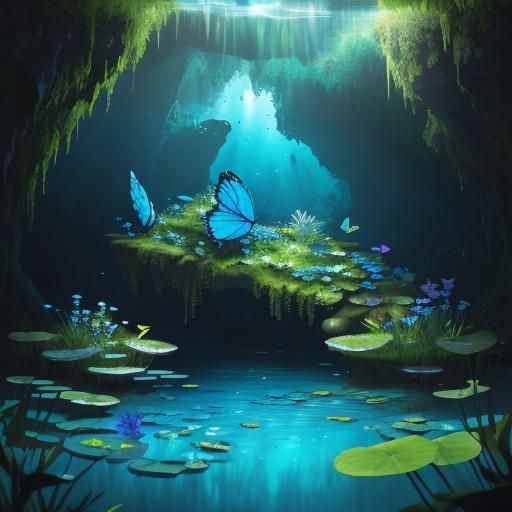 Butterfly in Lush Cave, Fantasy Concept Art