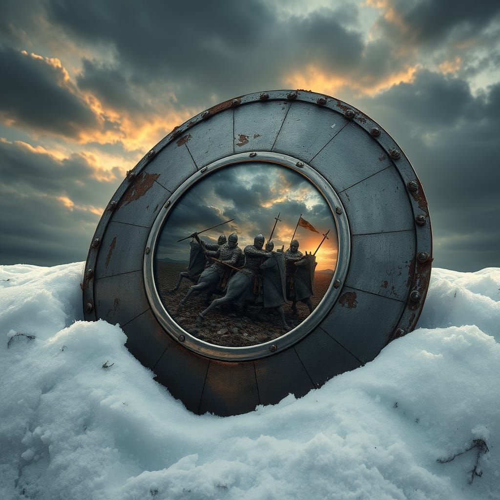 Battle Reflections on Ancient Shield in Snowy Landscape