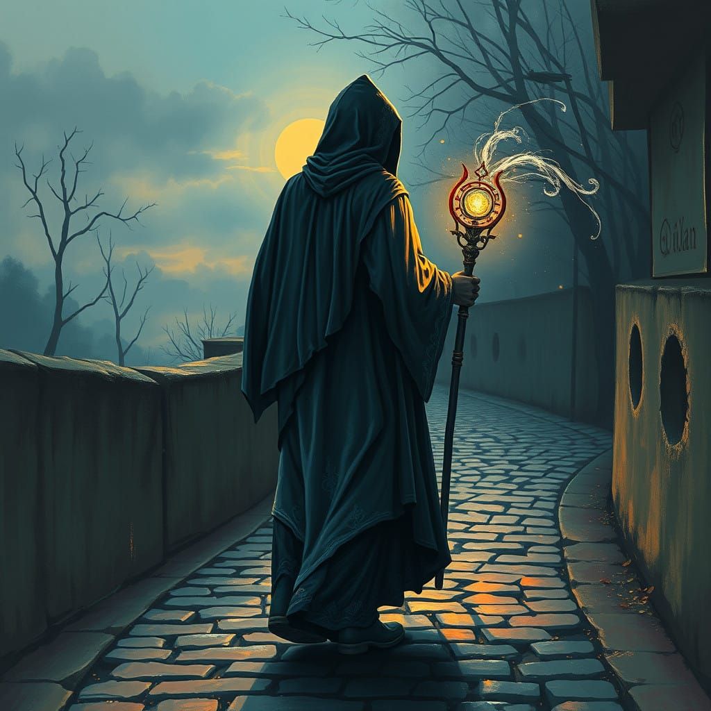 Ethereal Mage Strolls Under Mystical Twilight