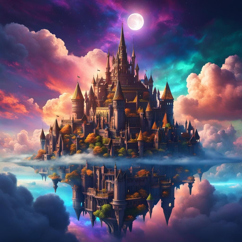 Magical Medieval City Floating in Iridescent Clouds
