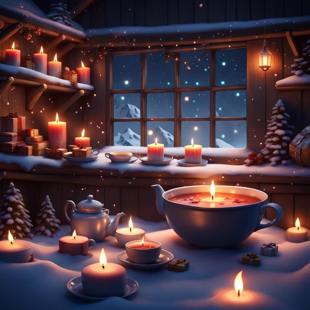Cozy Winter Scene with Candles and Snowflakes