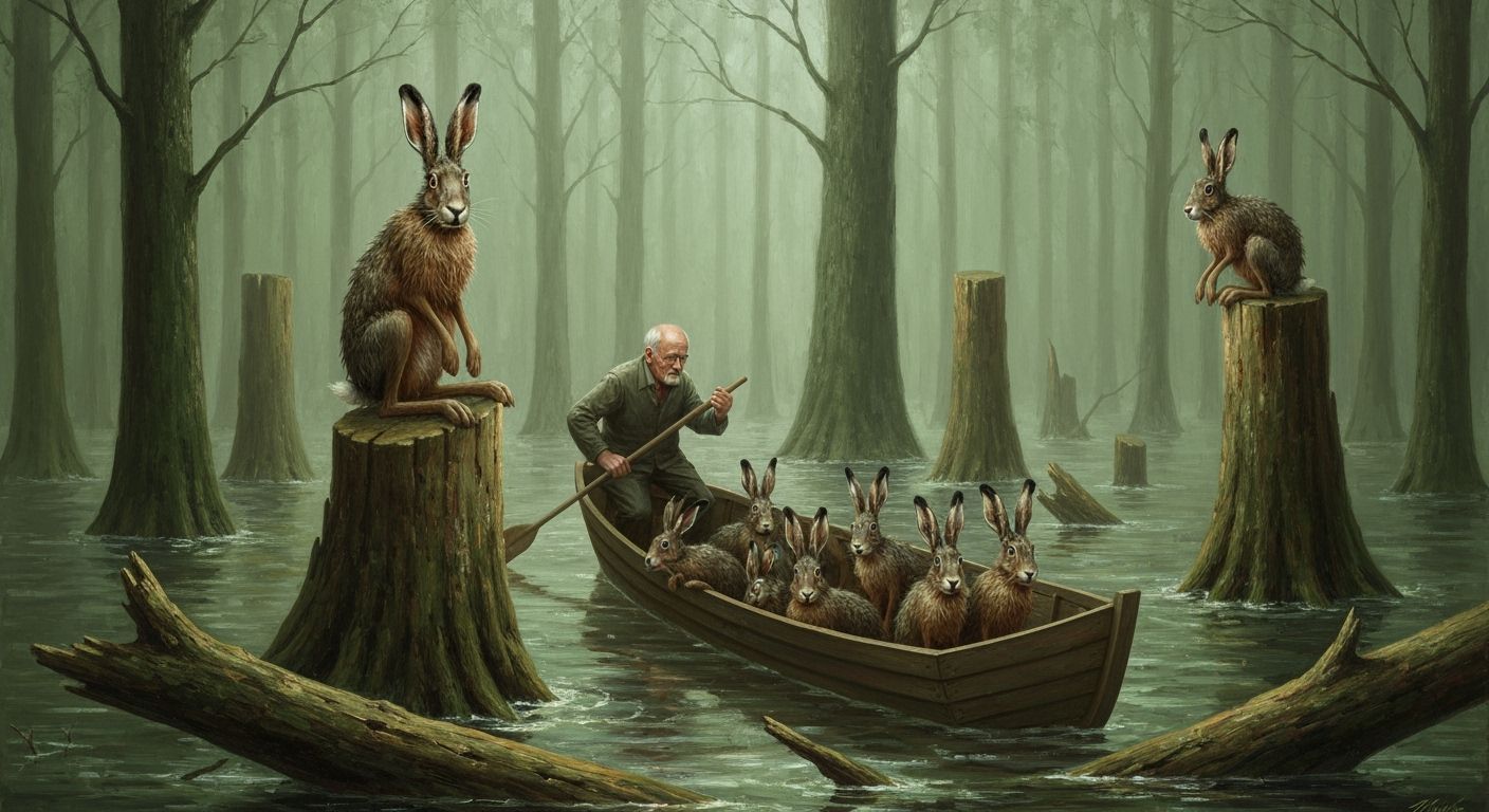 Surreal Flooded Forest Scene with Man and Hares