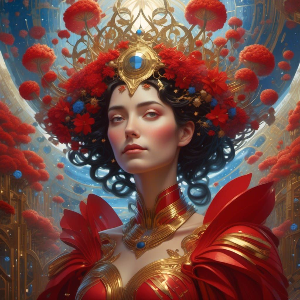 Ethereal Woman in Red Dress with Fairy Wings