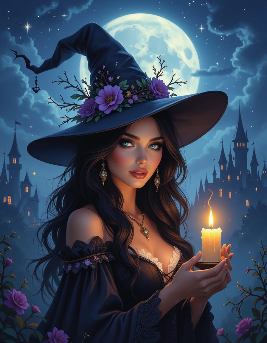 Elegant Witch Holding Glowing Candle Under Moonlit Sky