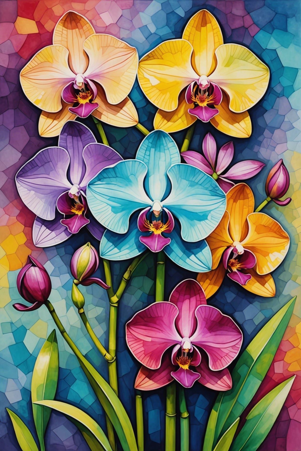 Rainbow Orchid Flowers in Cubist Surrealism Style
